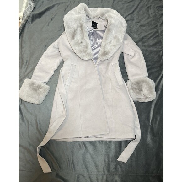 Forever21 Women Faux Fur-Trim Faux Suede Wrap Coat Sz M Grey - Picture 4 of 16